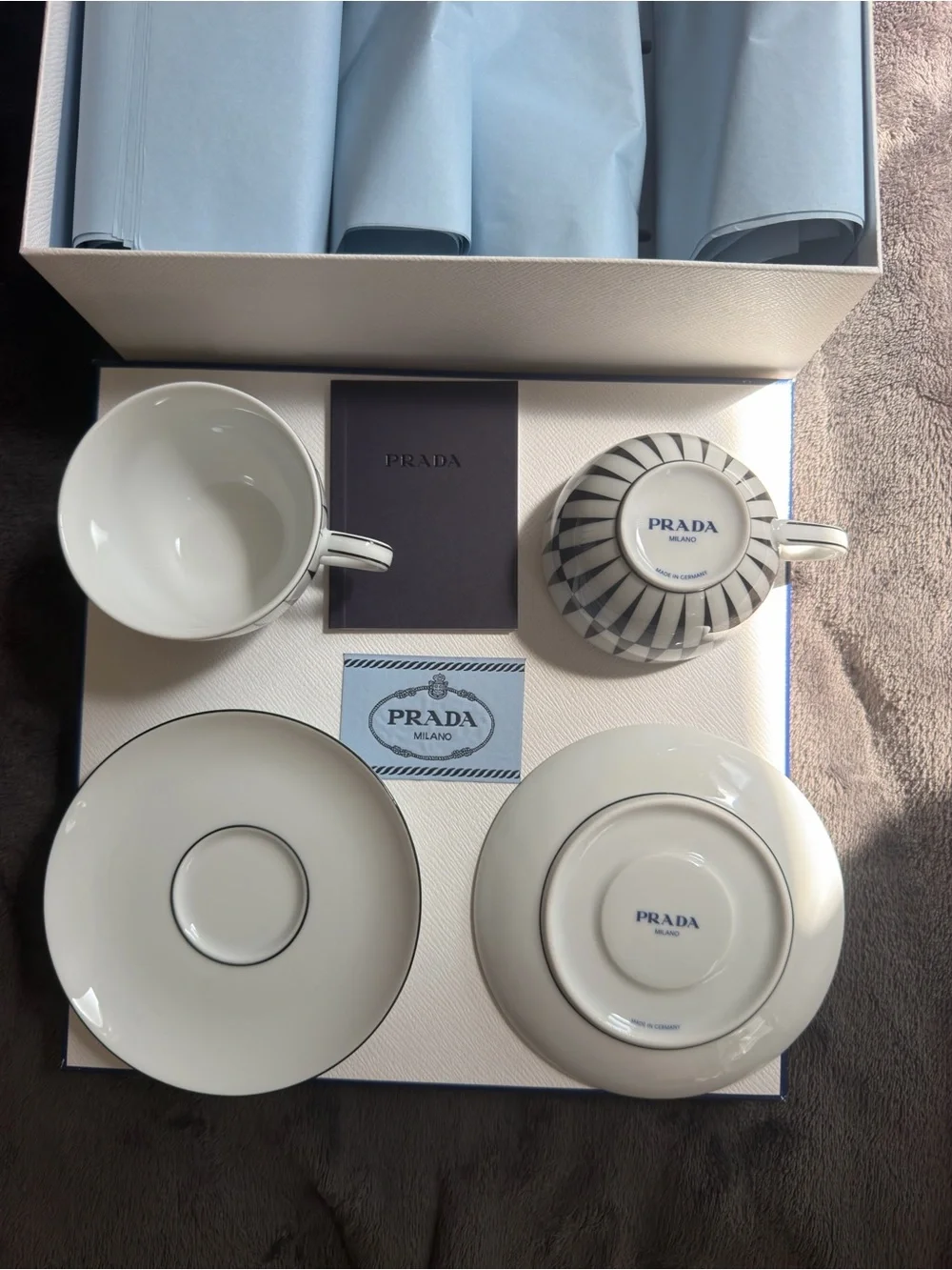 Prada White Porcelain Tea Cup & Saucer Set with Navy Accents